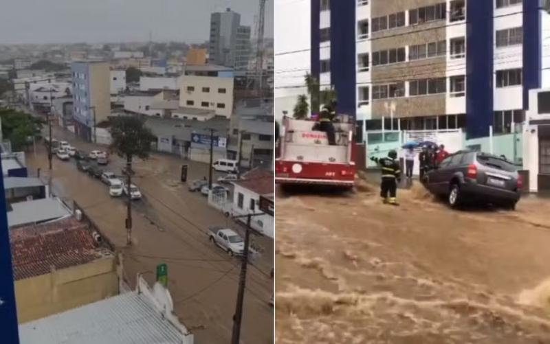 Carro é arrastado por enxurrada e motorista é resgatado pelo Corpo de Bombeiros em Vitória da Conquista