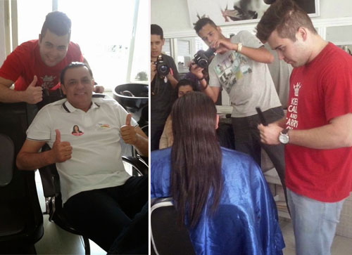 Frank Aguiar tem o cabelo cortado por brumadense