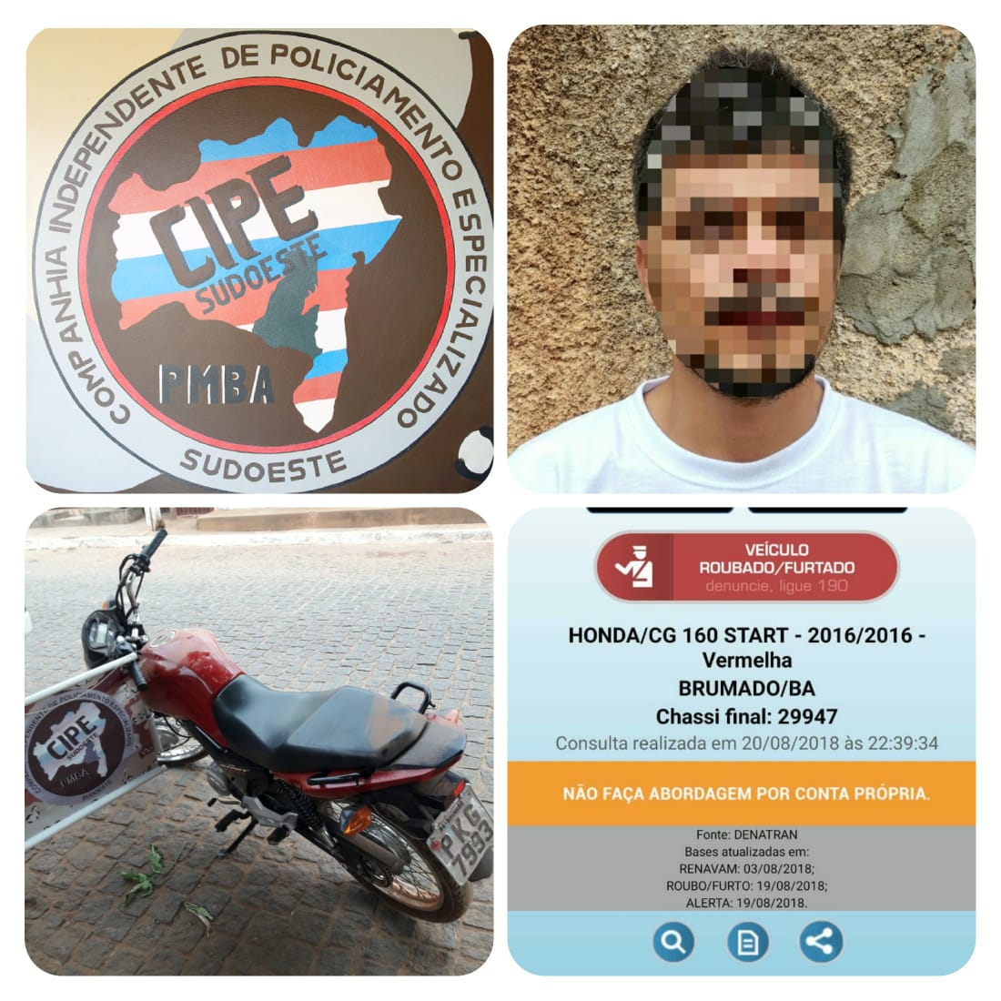 Motocicleta com restrição de roubo e placa de Brumado é recuperada pela CIPE Sudoeste em Caculé