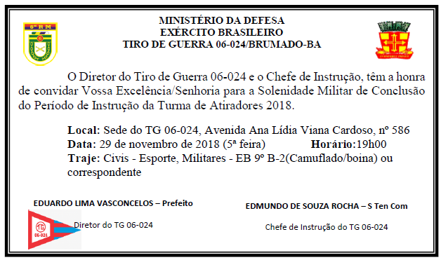 Tiro de Guerra realizará solenidade de Conclusão de Instrução de Turma em Brumado