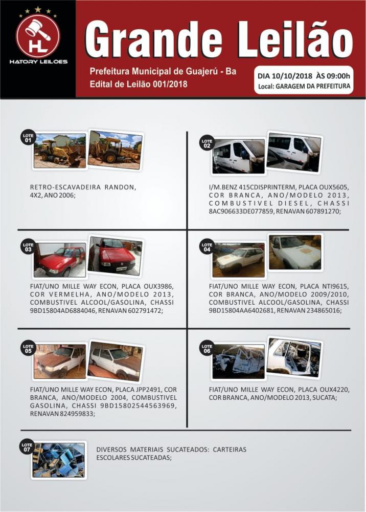 Prefeitura de Guajeru realizará leilão de veículos e materiais