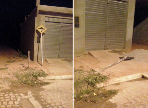 Veículo descontrolado assusta pedestres e derruba placa na Osvaldo Gonçalves de Aguiar 