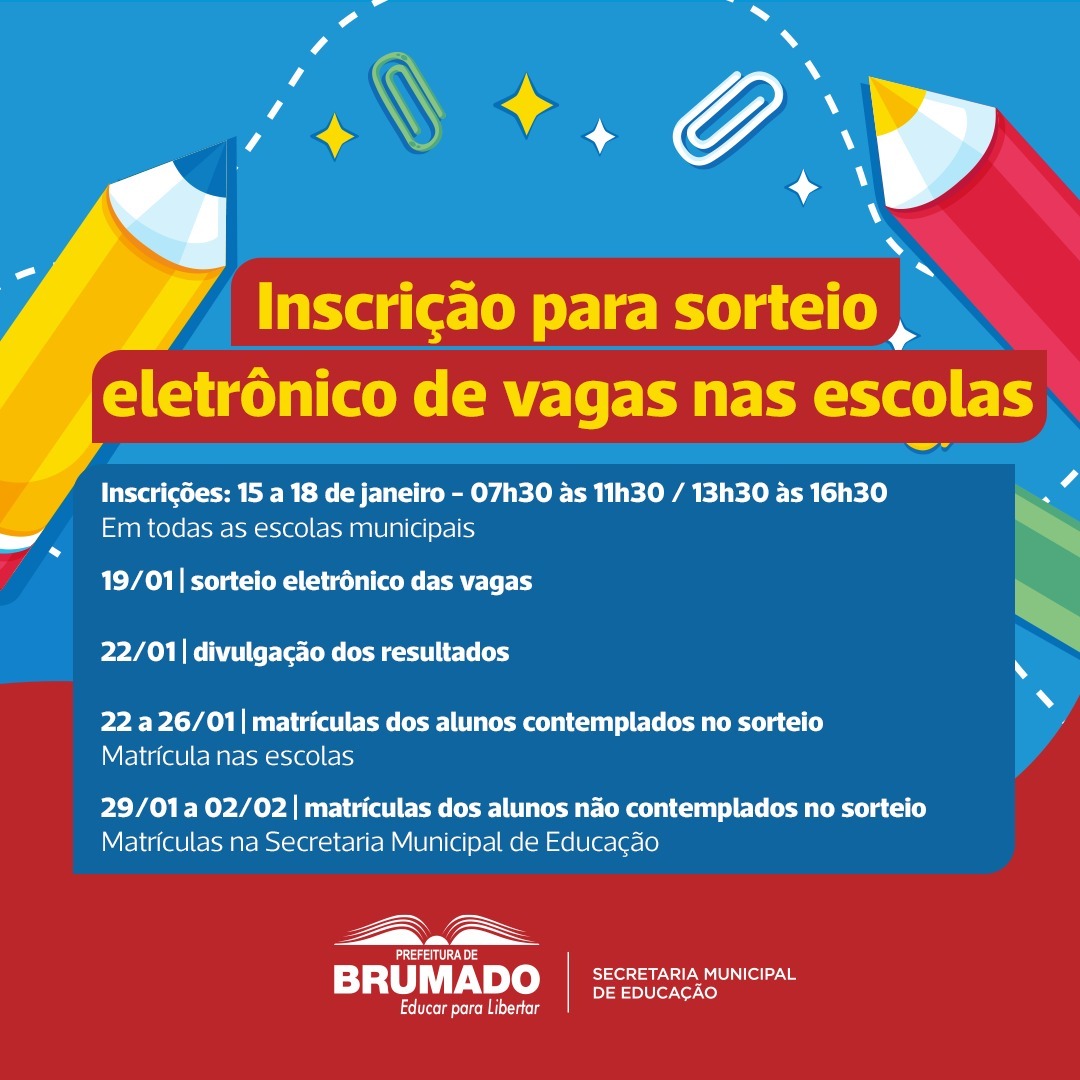 Inscrições para sorteio eletrônico de vagas nas escolas municipais começam de 15 de janeiro em Brumado