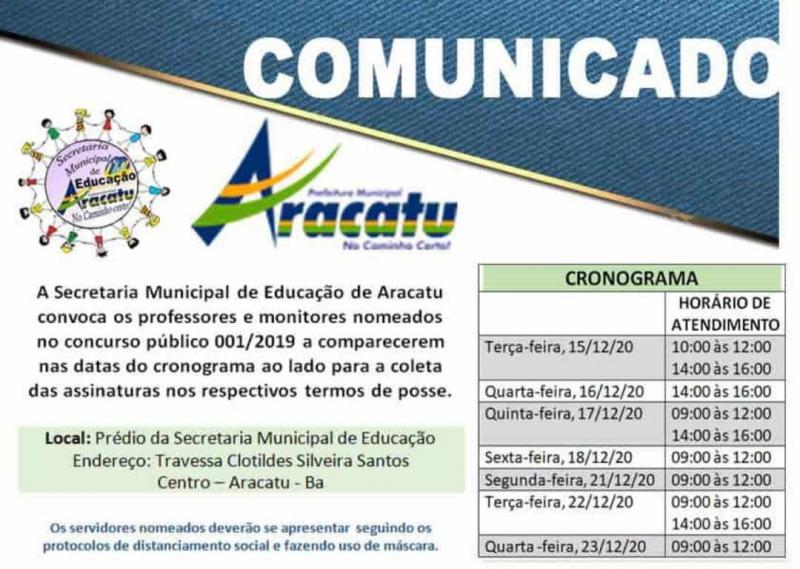Aracatu: Secretaria Municipal de Educação convoca profissionais nomeados em Concurso Público