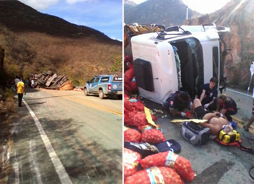 A vida por um triz: Caminhão perde o freio e tomba na Serra das Almas
