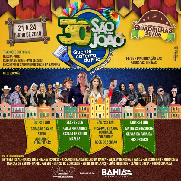 Prefeitura de Barra da Estiva divulga grade de atrações do São João 2018