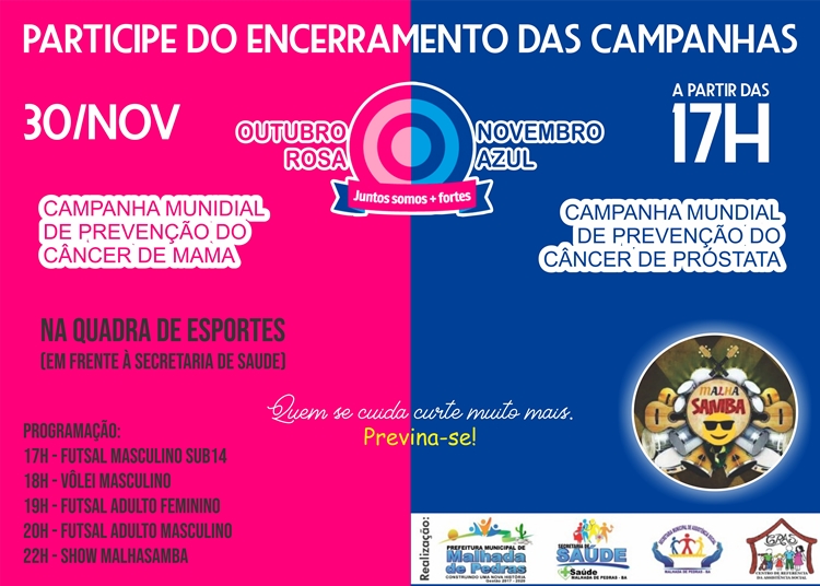 Prefeitura de Malhada de Pedras realizará evento de encerramento das campanhas Outubro Rosa e Novembro Azul