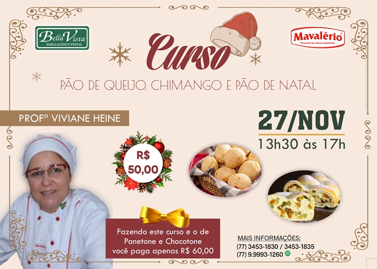 Bella Vista realizará cursos de Panetone, Chocotone, Pão de Queijo, Chimango e Pão de Natal; participe