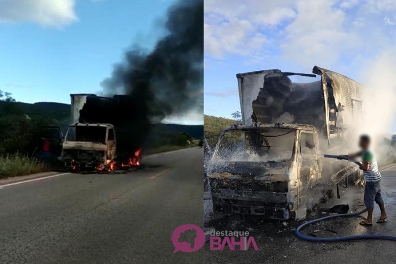 Brumado: caminhão fica destruído ao pegar fogo na BR-030, próximo a fábrica de cimento