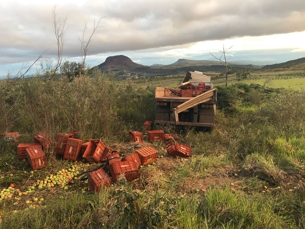 BA-142: carreta sai da pista e tomba na saída de Barra da Estiva para Ituaçu