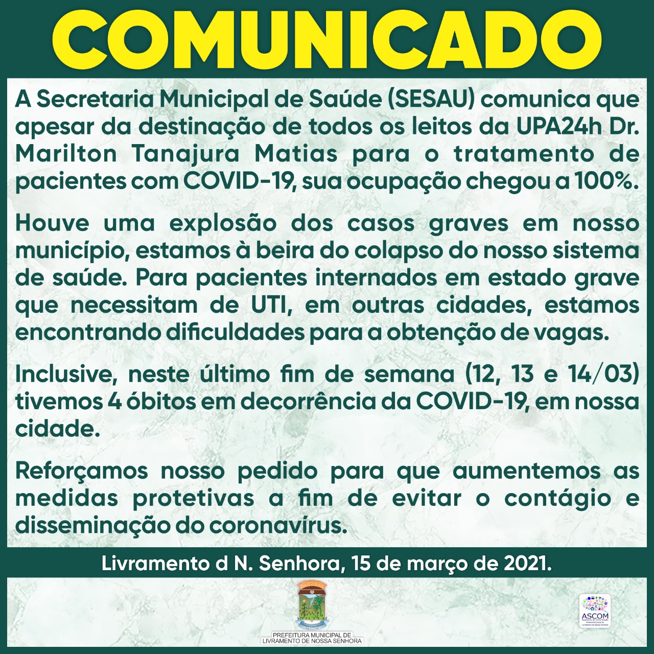 Covid-19: Livramento chega a 100% da ocupação em leitos da UPA 