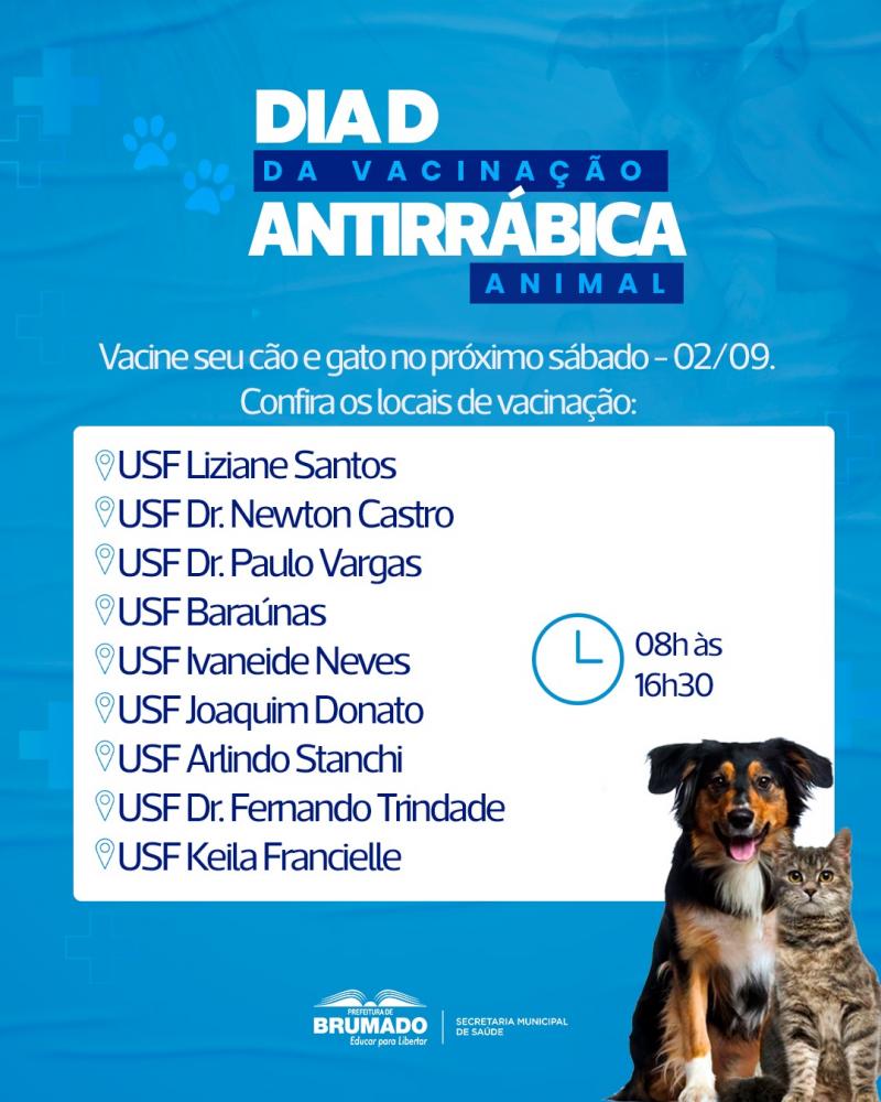 Sábado será Dia D de vacinação contra Raiva Animal em Brumado