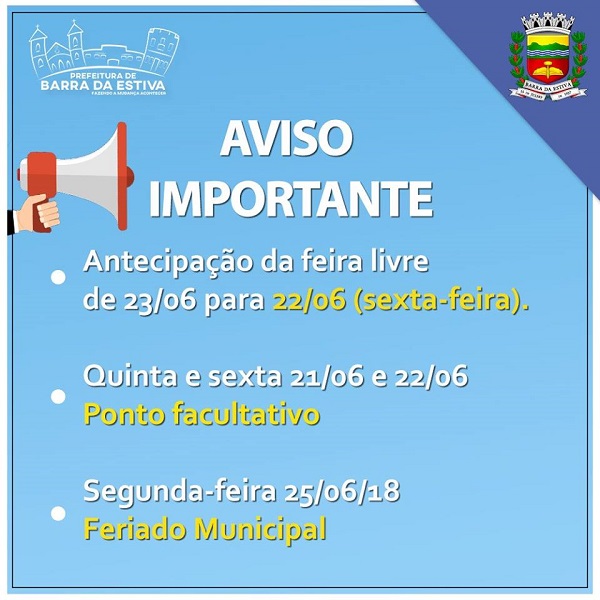 Prefeitura de Barra da Estiva informa antecipação da feira livre, ponto facultativo e feriado municipal; confira datas
