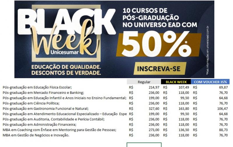 Black Week Unicesumar, pós graduação com até  85% de desconto