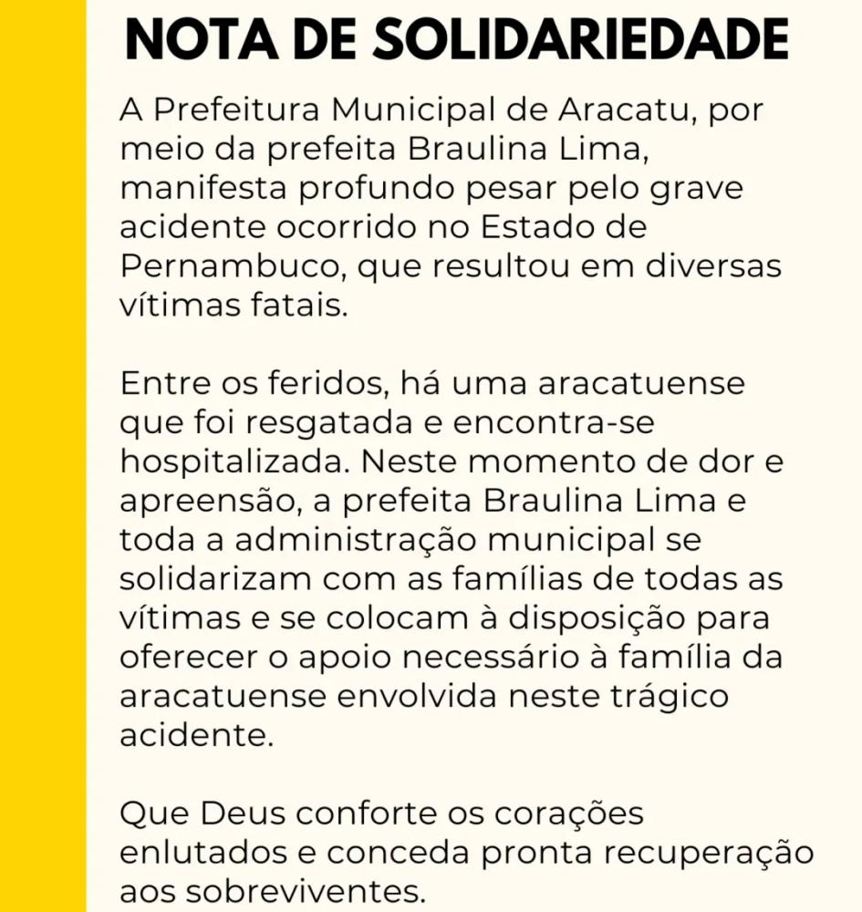 Aracatu Manifesta Pesar por Acidente em Pernambuco e Oferece Apoio a Vítima Local