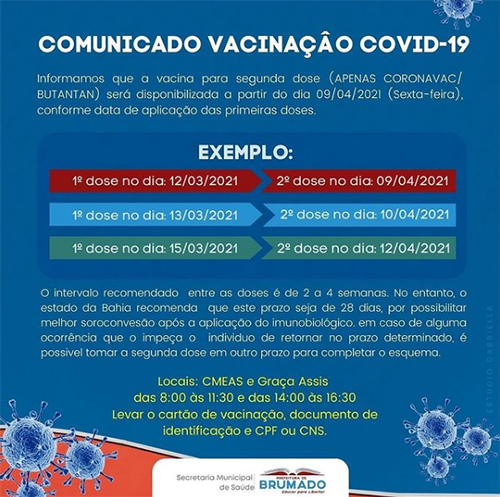 Brumado: Secretaria anuncia nova etapa de vacinação 2ª dose Covid-19 
