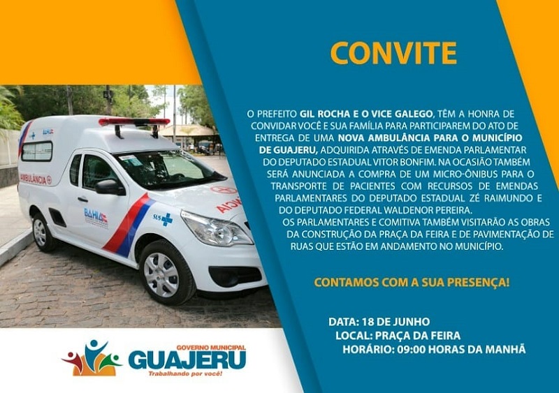 Prefeitura de Guajeru convida população para ato de entrega de uma nova ambulância