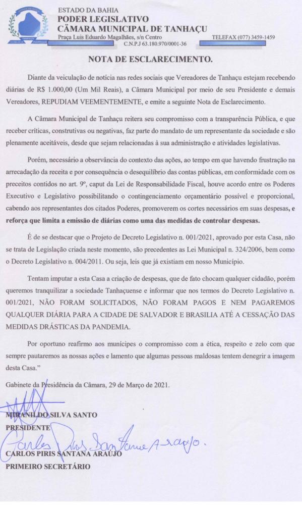CÂMARA DE TANHAÇU REAJUSTA DIÁRIAS DE VEREADORES QUE CHEGA A ATÉ MIL REAIS, PRESIDENTE EMITE NOTA DE ESCLARECIMENTO