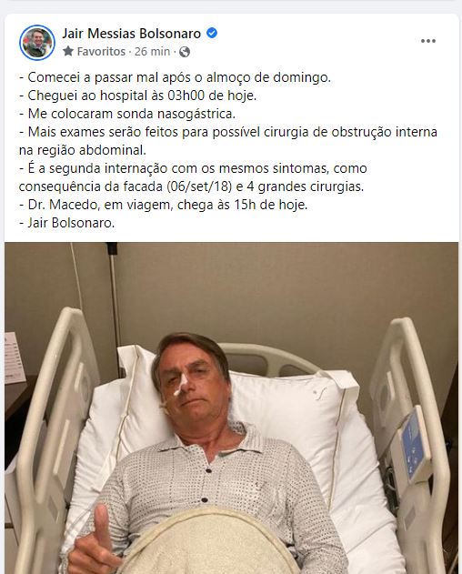Presidente Jair Bolsonaro passa mal e está hospitalizado
