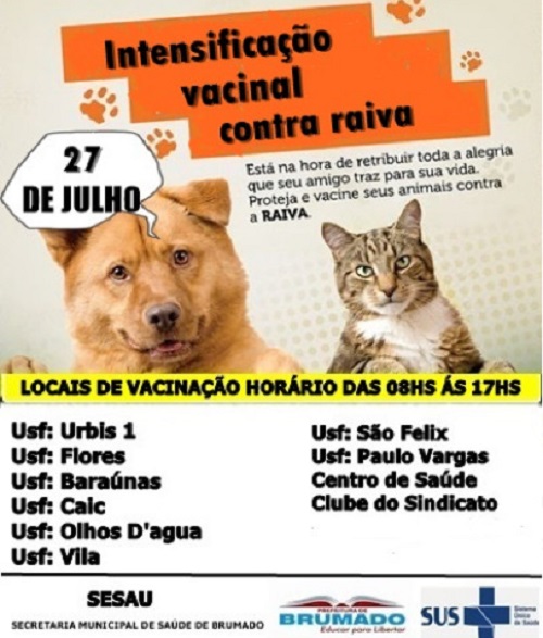 Brumado: Dia 27 de julho é dia de intensificação da vacinação contra a raiva canina e felina