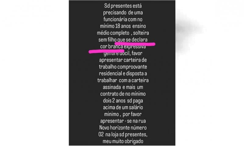 Loja de Caetité teria cometido racismo ao anunciar vaga de emprego nas redes sociais