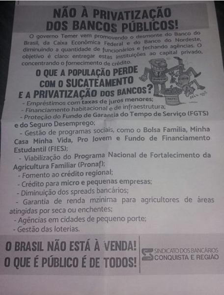 Representantes do Sindicato dos Bancários realizam manifestação em Brumado