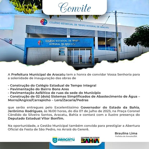 Governador estará em Aracatu para inauguração de escola em tempo integral e entrega de obras