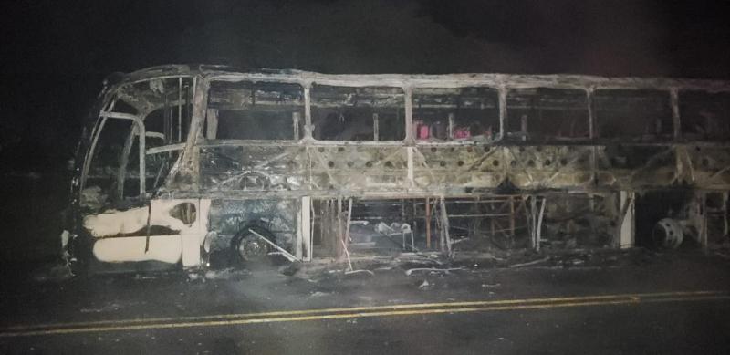 Ônibus da Novo Horizonte fica totalmente destruído após pegar fogo na BA-262