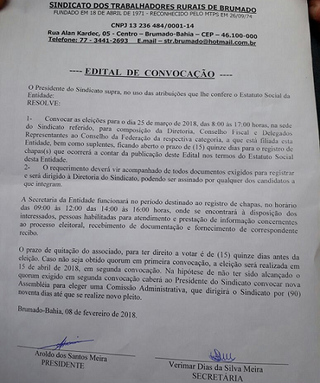 Eleições do Sindicato dos Trabalhadores Rurais de Brumado acontecem no próximo mês; confira