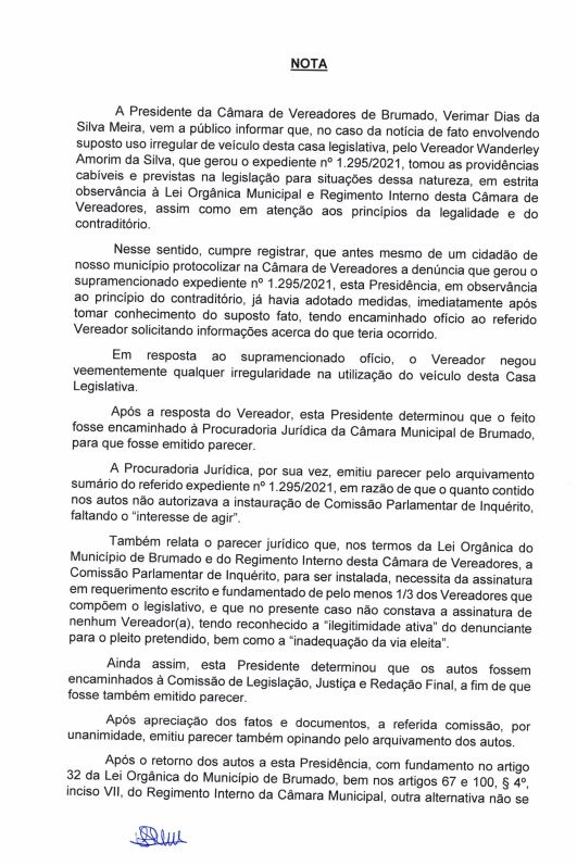 Presidente da Câmara de Brumado emite nota sobre arquivamento de denúncia contra o vereador Wanderley Nem