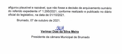 Presidente da Câmara de Brumado emite nota sobre arquivamento de denúncia contra o vereador Wanderley Nem