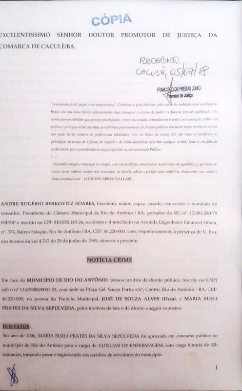 Presidente da Câmara de Rio do Antônio protocola denúncias contra prefeitura no MP de Caculé