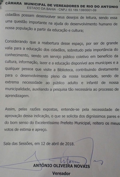 Rio do Antônio: Vereador Zico solicita ao Executivo Municipal a  reabertura da Biblioteca Pública denominada como Presidente Médici