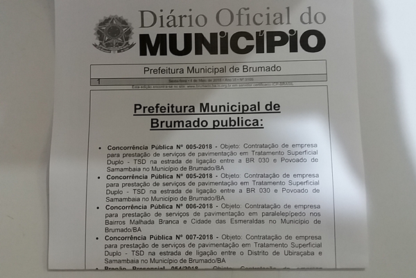 Brumado: Prefeitura publica editais de licitação para realização de obras no valor de 6 milhões de reais, fruto de emendas do deputado Arthur Maia