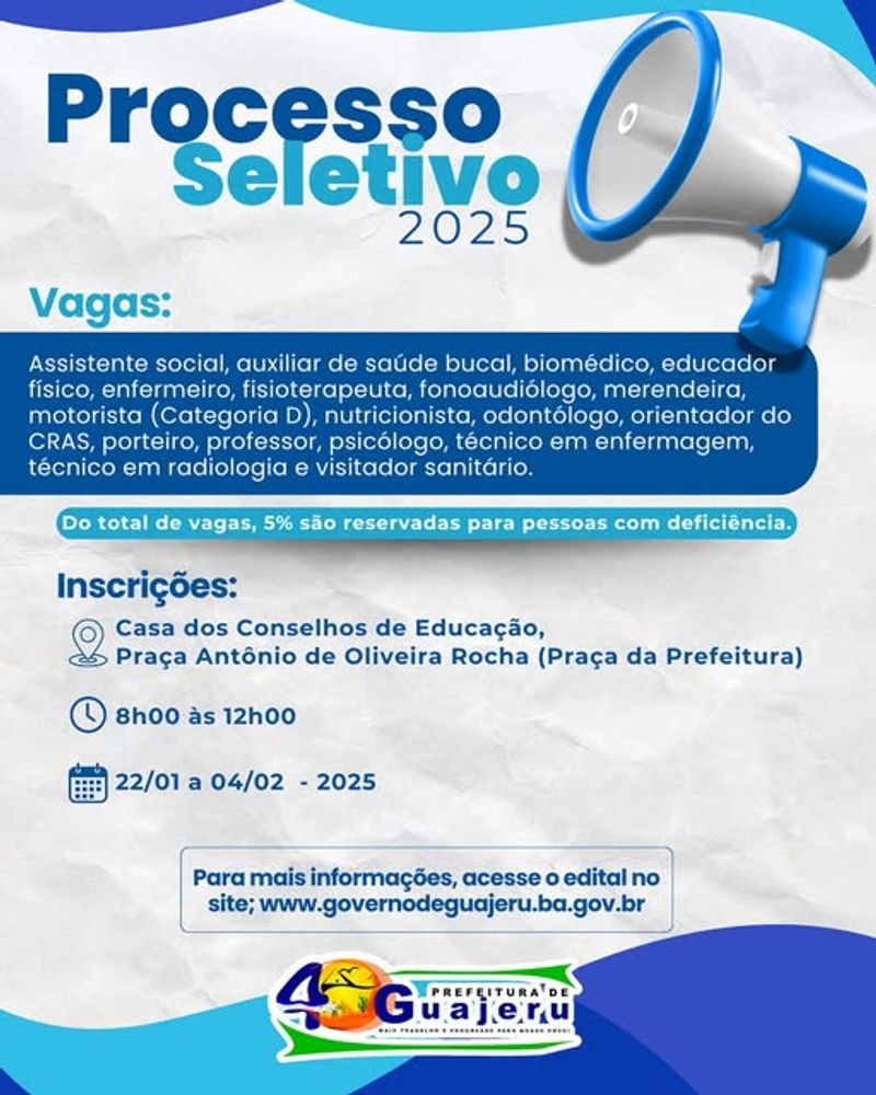 Processo Seletivo da prefeitura de Guajeru tem vagas para diversas áreas, confira