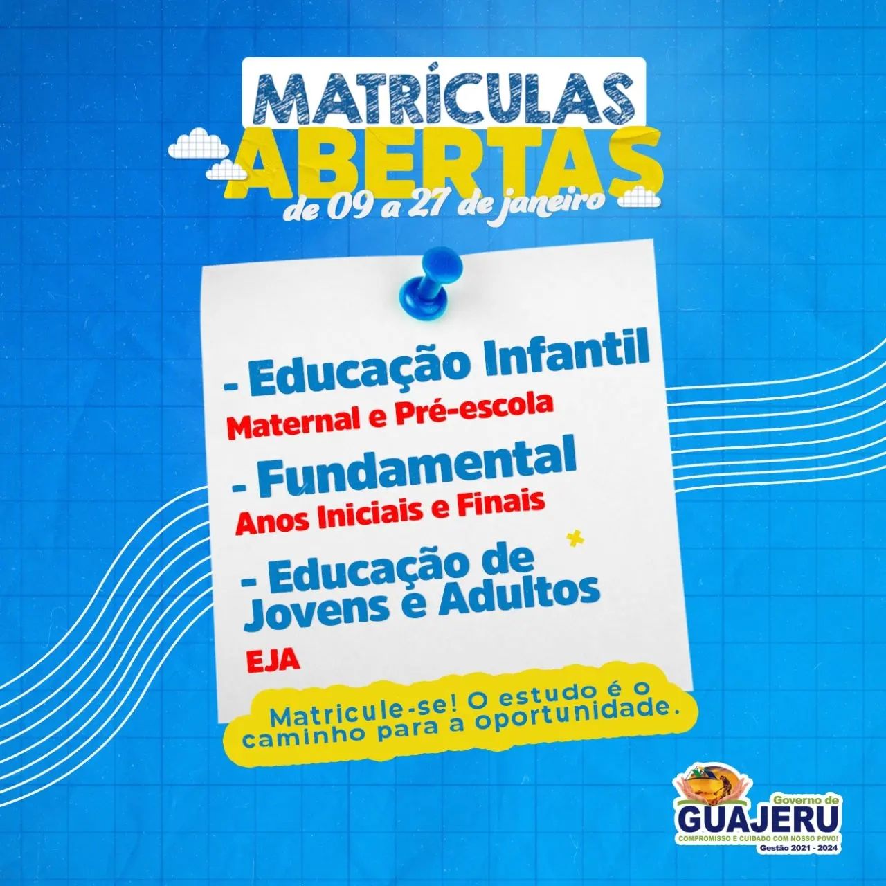 Matricula na rede municipal de ensino em Guajeru inicia na próxima segunda-feira