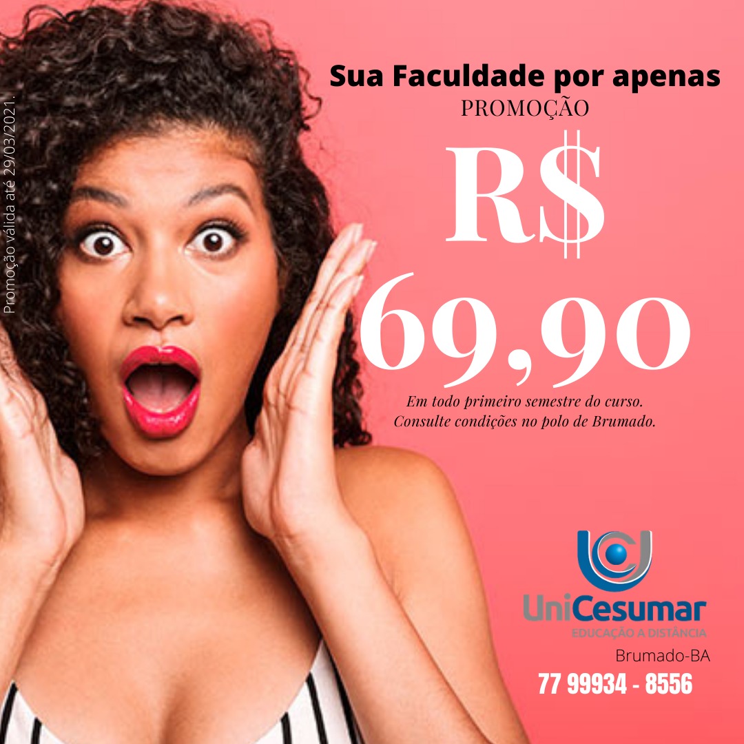 Brumado: Unicesumar, apenas hoje, descontos que chegam a 80% em todo o curso
