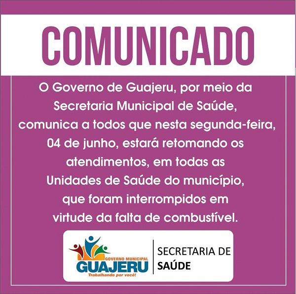 Secretaria de Saúde de Guajeru informa retomada de atendimentos em todas as unidades