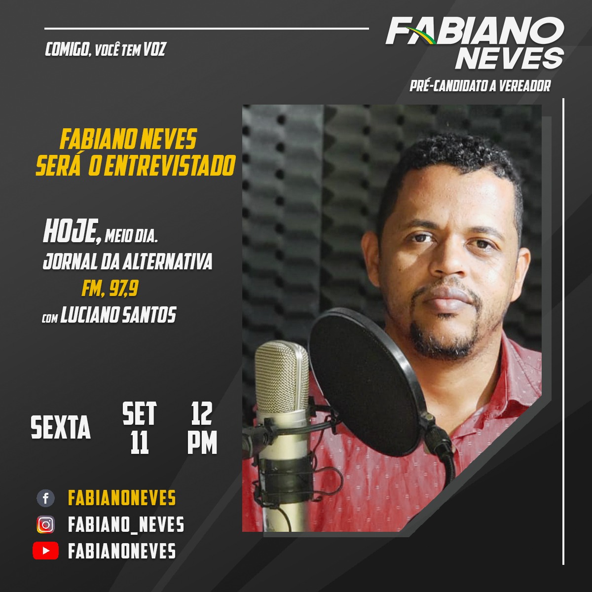 Brumado: pré-candidato a vereador, Fabiano Neves será entrevistado nesta sexta (11) na Rádio Alternativa
