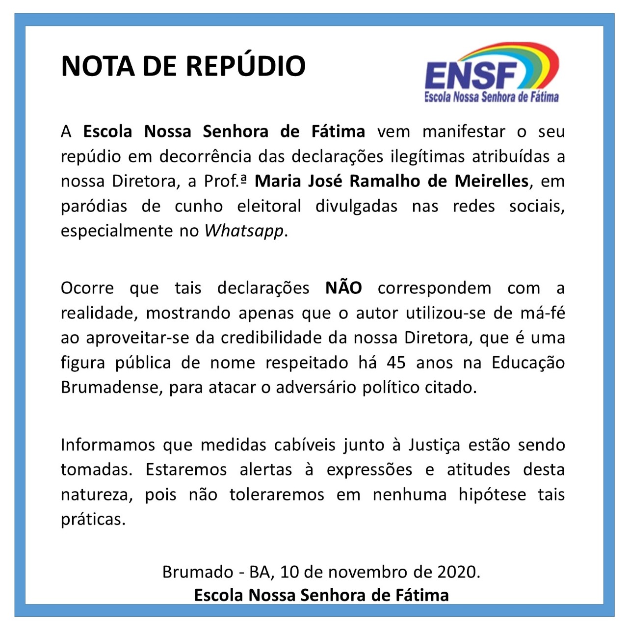 ENSF emite nota de repúdio após declarações falsas atribuídas a Maria José 