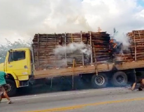 BA-262: carga de eucalipto pega fogo próximo a Aracatu