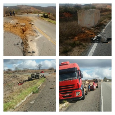 Bloco de granito cai de carreta e provoca estragos na Ba - 262