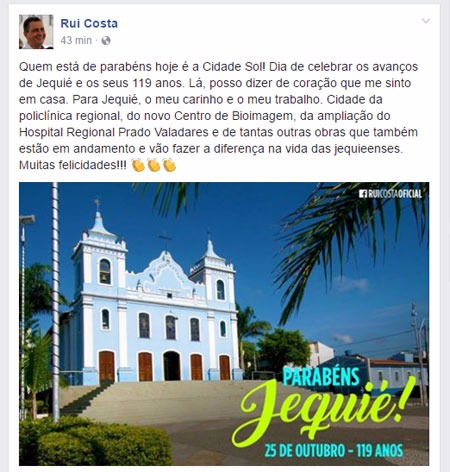 Em sua página no Facebook, Rui Costa parabeniza Jequié, mas comete a maior gaffe ao usar foto de Brumado
