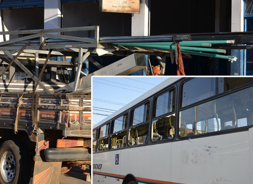 Ônibus é atingido por ferragens que eram transportadas em caminhonete