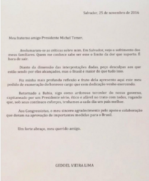 De Salvador, Geddel envia carta de demissão à Presidência