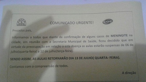 Suspeita de surto de Meningite C provoca suspensão de aulas em cidade do sul da Bahia