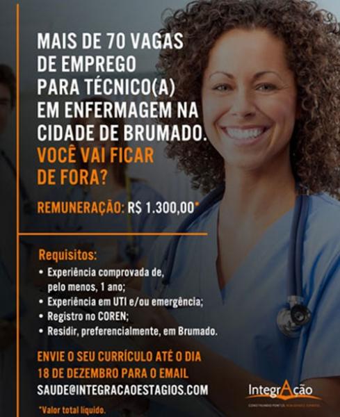 Oportunidade: 70 vagas para técnico de enfermagem são oferecidas em Brumado