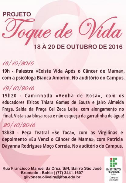 OUTUBRO ROSA: IFBA CAMPUS BRUMADO REALIZA PROJETO 'TOQUE DE VIDA'