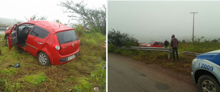Carro bate em proteção metálica, sai da pista e capota na BA - 142