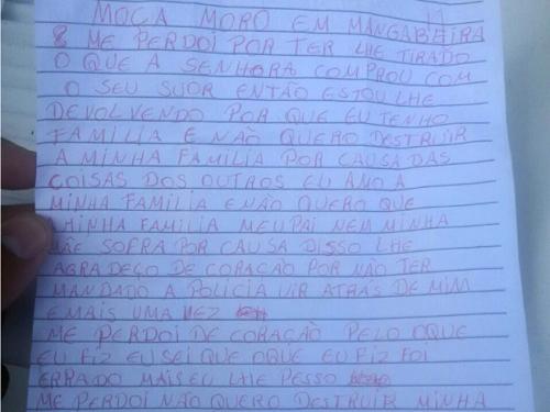 Ladrão se arrepende e faz devolução de produto roubado e pede perdão